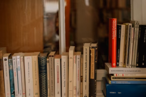 Close-up of a row of books on a shelf